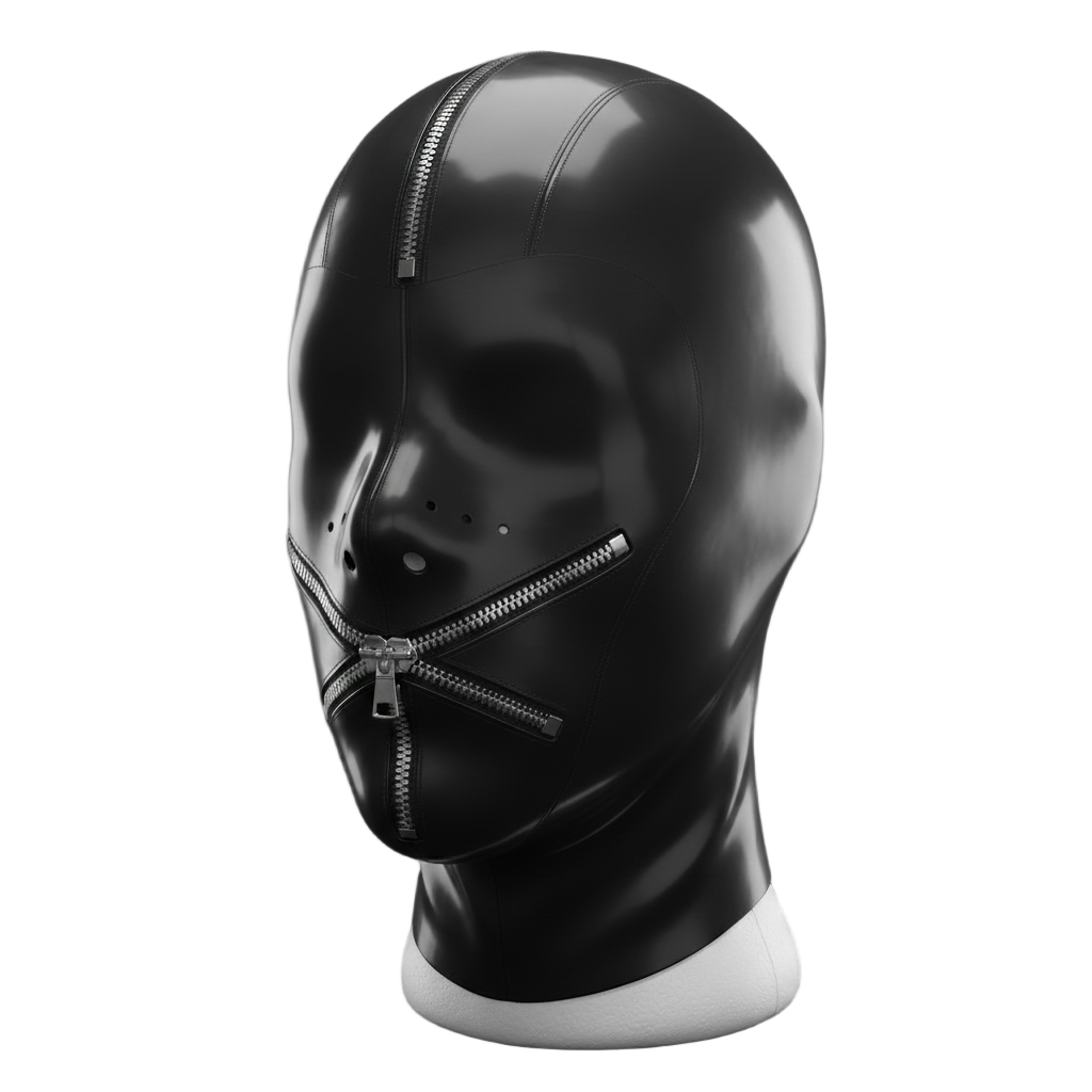 Black latex hood full cover with dual front zippers, Berlin design.