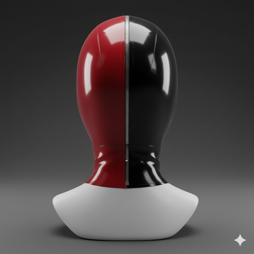 Back view of glossy black and red latex hood, full head latex cosplay mask