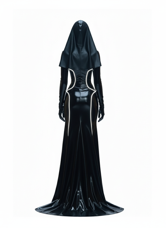 High-quality image of a woman in a sleek black glossy latex hooded gown (or robe/dress) with distinct white luminous lines. The front view showcases a high-neckline, long sleeves, and a flowing skirt with a dramatic train. The back view features a smooth, unadorned hooded design and a graceful flowing silhouette, emphasizing its elegant and futuristic aesthetic.