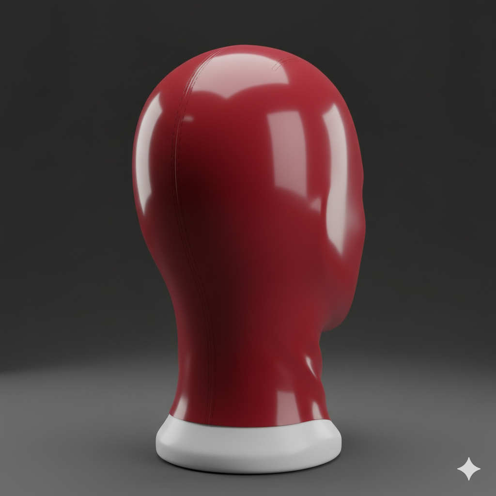 Back view of shiny red latex hood, full head latex mask for cosplay and costume parties