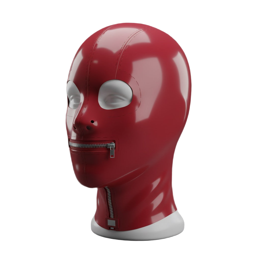 Red latex hood with eye cutouts and front zipper, shiny mask for Halloween cosplay