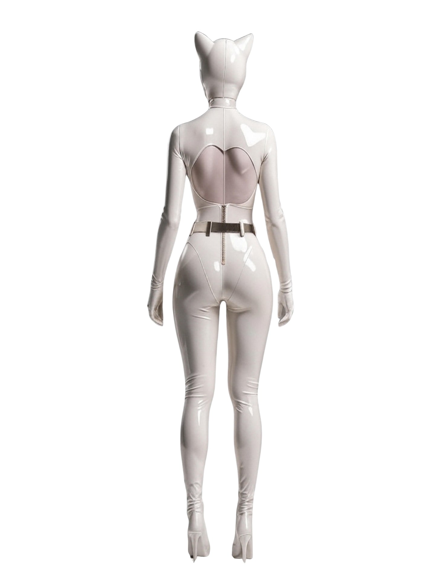High-quality image of a woman in a sleek white glossy latex bodysuit (catsuit). It features a deep V-neckline with a gold zipper, sheer mesh panels, an integrated belt with a gold buckle, and long sleeves with gloves. The full-body fit sculpts the figure, ideal for futuristic or sci-fi themes. (Note: Matching head mask/cowl and high heels are not included.)