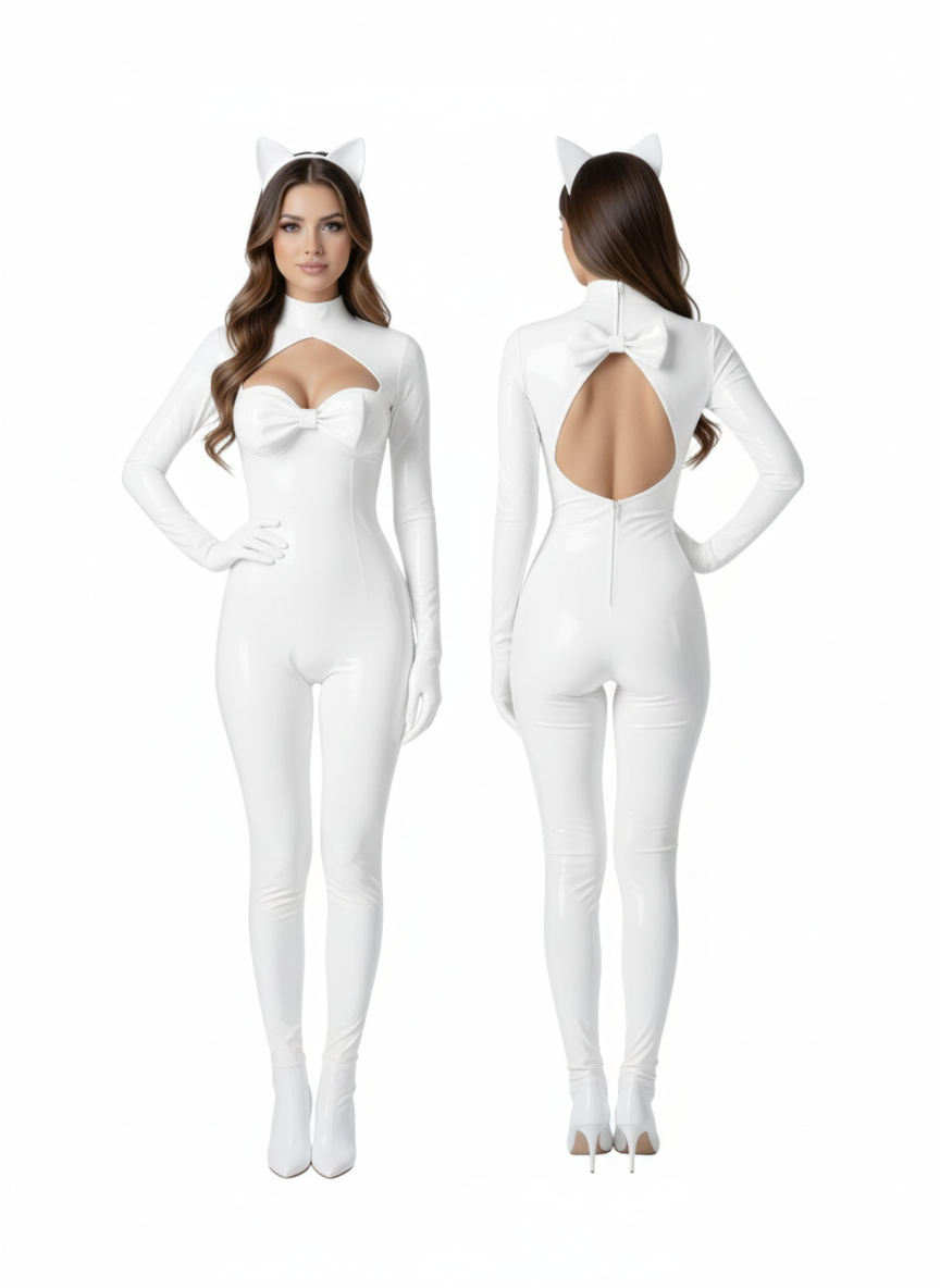 High-quality image of a woman in a glossy white latex bodysuit (catsuit), featuring a prominent oversized bow on the chest, a high-neckline, and an alluring open-back design with a back zipper. This full-body pink latex jumpsuit for women showcases its sleek, curve-hugging fit, ideal for playful party wear, themed events, or bold fashion statements. (Note: Cat ear headpiece and high heels are not included.)