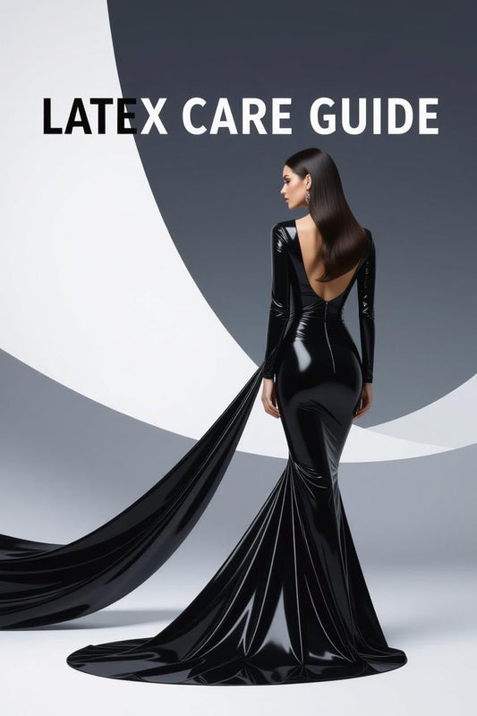 Latex bodysuit care guide blog header with glossy black texture
