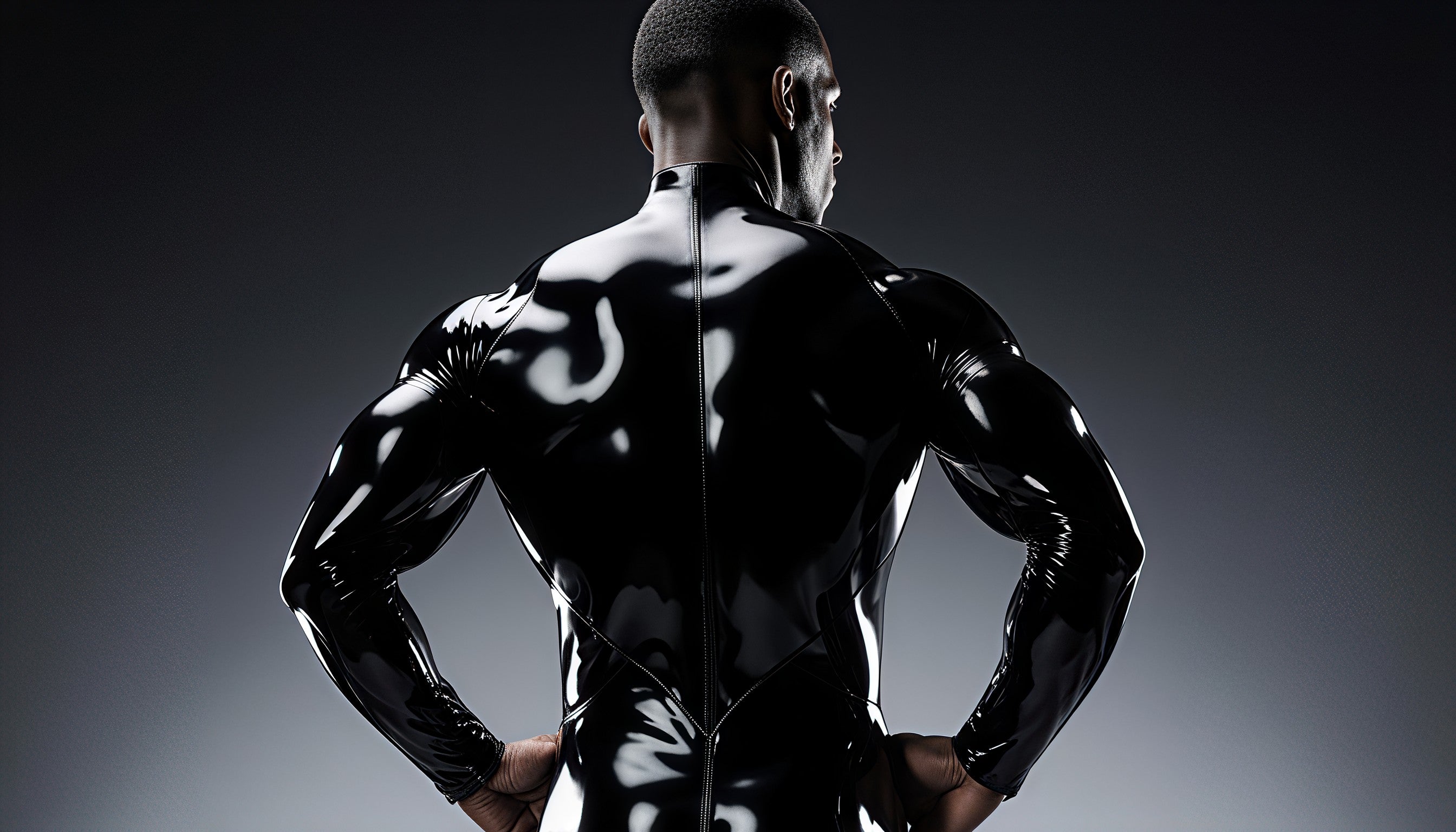 Man wearing a black latex catsuit with a glossy finish, standing confidently with hands on hips against a dark gradient background