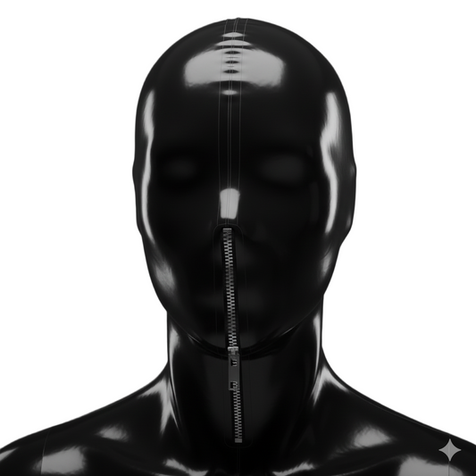 Front view of black latex hood with front zipper, shiny latex mask for Halloween cosplay