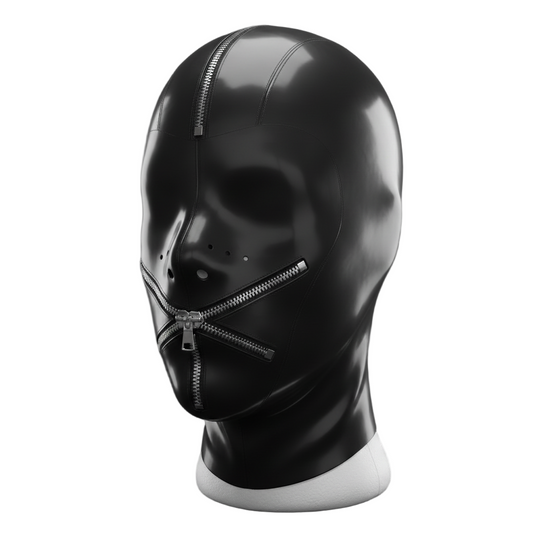 Black latex hood full cover with dual front zippers, Berlin design.