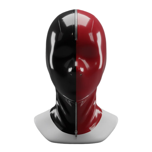 Front view of black and red two-tone latex hood with front zipper, glossy cosplay mask