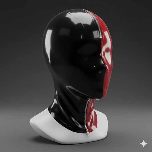 Side view of two-tone black and red latex hood with zipper, shiny costume mask