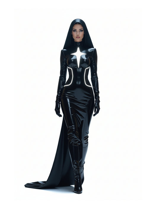 High-quality image of a woman in a sleek black glossy latex hooded gown (or robe/dress) with distinct white luminous lines. The front view showcases a high-neckline, long sleeves, and a flowing skirt with a dramatic train. The back view features a smooth, unadorned hooded design and a graceful flowing silhouette, emphasizing its elegant and futuristic aesthetic.