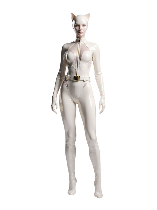 High-quality image of a woman in a sleek white glossy latex bodysuit (catsuit). It features a deep V-neckline with a gold zipper, sheer mesh panels, an integrated belt with a gold buckle, and long sleeves with gloves. The full-body fit sculpts the figure, ideal for futuristic or sci-fi themes. (Note: Matching head mask/cowl and high heels are not included.)