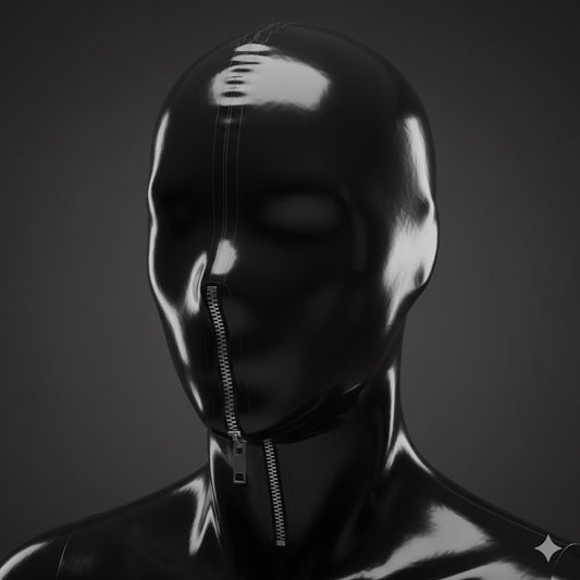 Side angle of glossy black latex hood mask, perfect for cosplay and Halloween costume