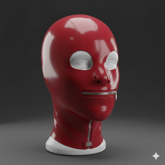 Side view of red latex hood with eye holes and zipper, glossy cosplay mask for Halloween