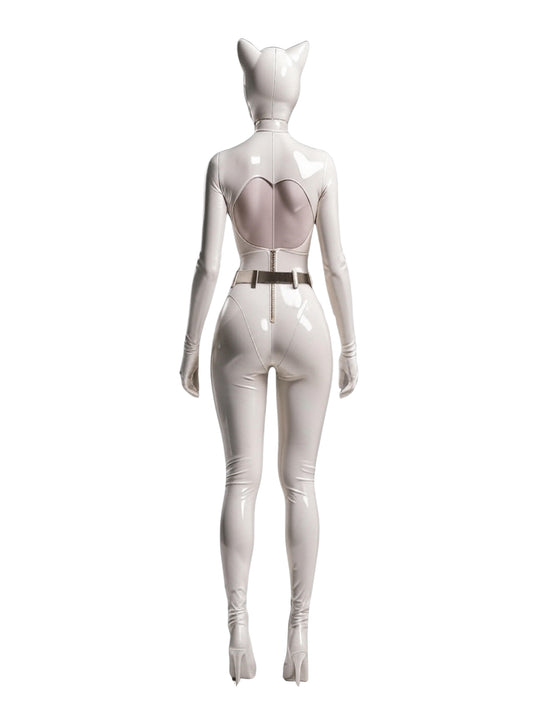 High-quality image of a woman in a sleek white glossy latex bodysuit (catsuit). It features a deep V-neckline with a gold zipper, sheer mesh panels, an integrated belt with a gold buckle, and long sleeves with gloves. The full-body fit sculpts the figure, ideal for futuristic or sci-fi themes. (Note: Matching head mask/cowl and high heels are not included.)