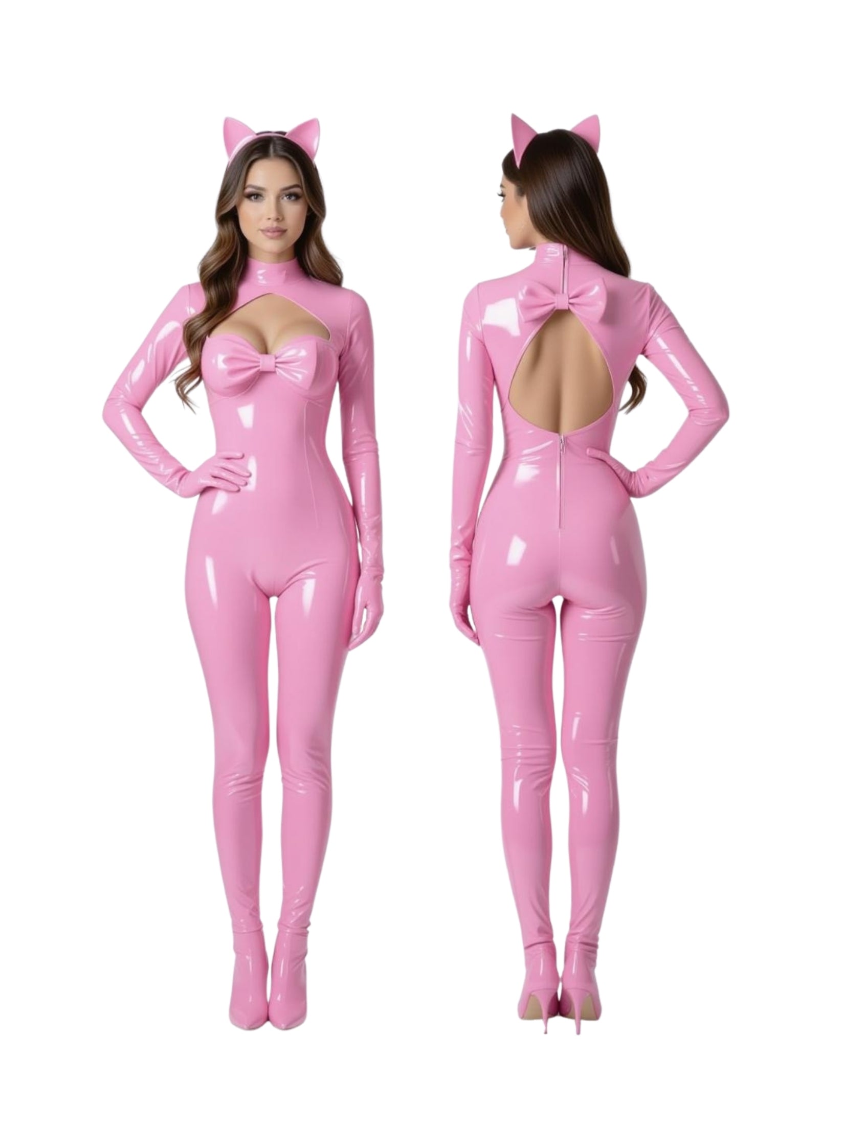 High-quality image of a woman in a glossy pink latex bodysuit (catsuit), featuring a prominent oversized bow on the chest, a high-neckline, and an alluring open-back design with a back zipper. This full-body pink latex jumpsuit for women showcases its sleek, curve-hugging fit, ideal for playful party wear, themed events, or bold fashion statements. (Note: Cat ear headpiece and high heels are not included.)