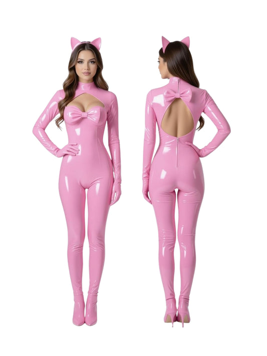 High-quality image of a woman in a glossy pink latex bodysuit (catsuit), featuring a prominent oversized bow on the chest, a high-neckline, and an alluring open-back design with a back zipper. This full-body pink latex jumpsuit for women showcases its sleek, curve-hugging fit, ideal for playful party wear, themed events, or bold fashion statements. (Note: Cat ear headpiece and high heels are not included.)