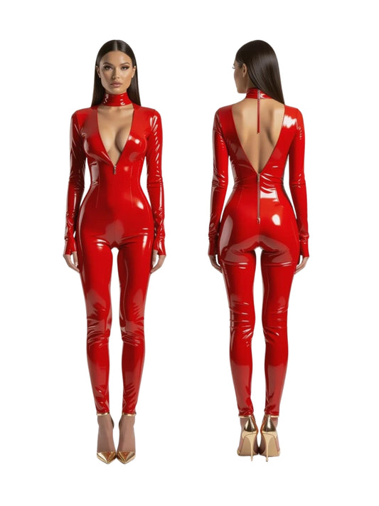High-quality image of a woman in a vibrant red glossy latex bodysuit (catsuit). The front view highlights a plunging deep V-neckline with a zipper and a chic high-collar; the back view showcases an alluring open-back design with a discreet back zipper, emphasizing its sleek, curve-hugging fit. 
